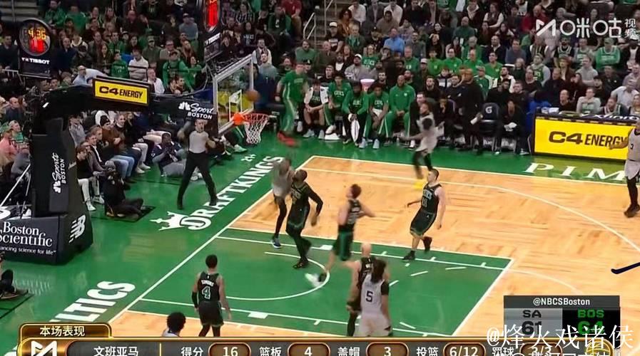 文班亚马21分布朗27分 马刺100-95险胜凯尔特人